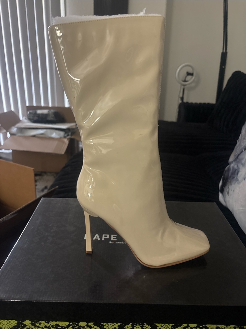Cream Patent Mid-Calf Stiletto Boot - Women